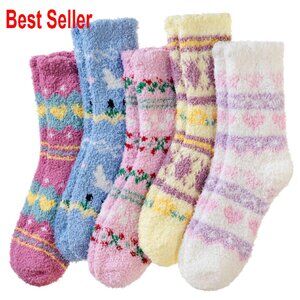 Fuzzy Plush Fleece Crew Socks Cozy Winter Slipper Warm Fluffy 5 Pairs
